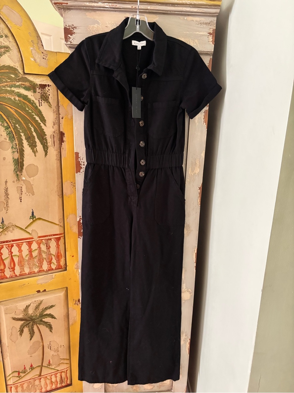 Gianni Bini Black Short-Sleeve Button-Front Jumpsuit
